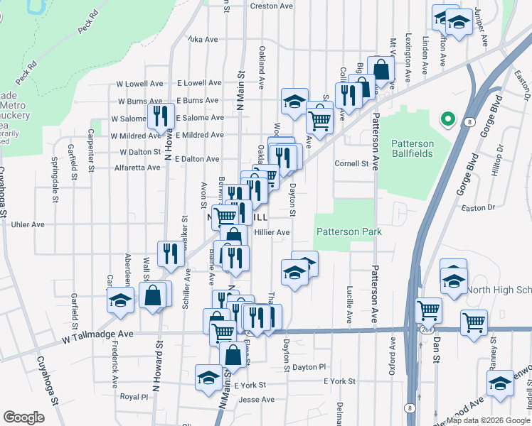map of restaurants, bars, coffee shops, grocery stores, and more near 809 Thayer Street in Akron