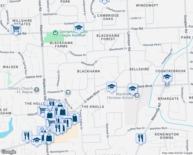 map of restaurants, bars, coffee shops, grocery stores, and more near 7018 Piegan Place in Fort Wayne
