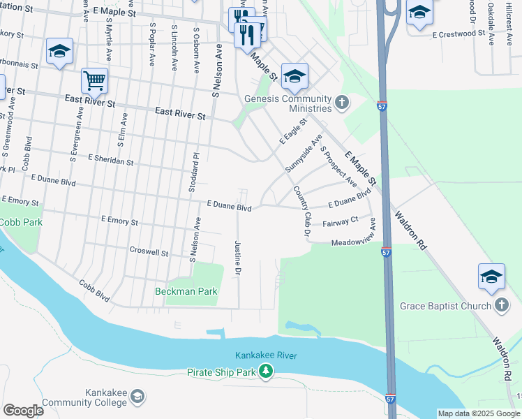 map of restaurants, bars, coffee shops, grocery stores, and more near 1728 East Duane Boulevard in Kankakee