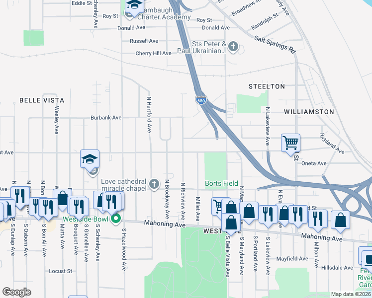 map of restaurants, bars, coffee shops, grocery stores, and more near 2124 Connecticut Avenue in Youngstown