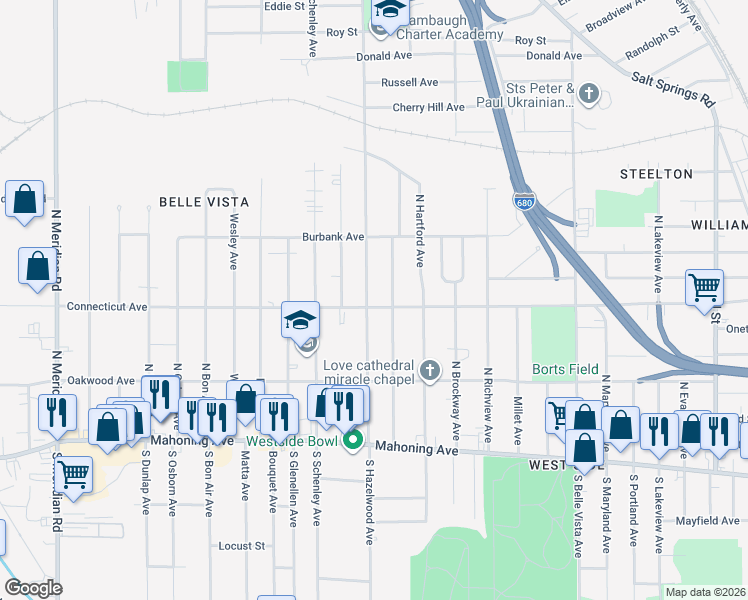 map of restaurants, bars, coffee shops, grocery stores, and more near 408 Manchester Avenue in Youngstown