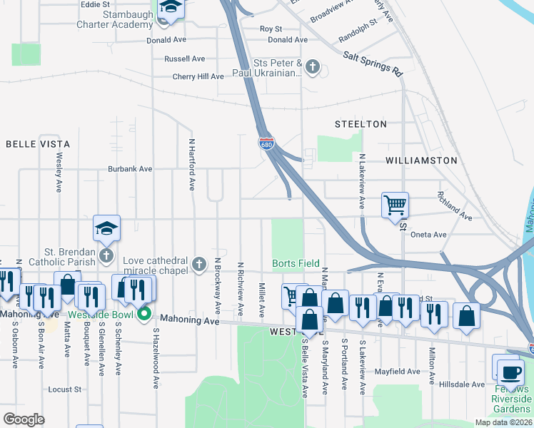 map of restaurants, bars, coffee shops, grocery stores, and more near 1962 Connecticut Avenue in Youngstown