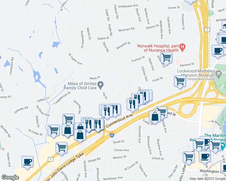 map of restaurants, bars, coffee shops, grocery stores, and more near 28 North Taylor Avenue in Norwalk