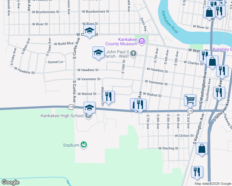 map of restaurants, bars, coffee shops, grocery stores, and more near 975 West Walnut Street in Kankakee