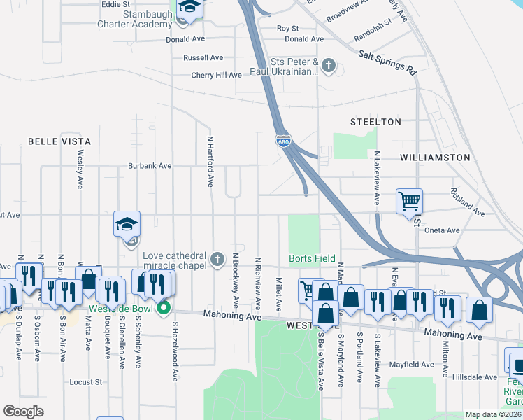 map of restaurants, bars, coffee shops, grocery stores, and more near 2124 Connecticut Avenue in Youngstown