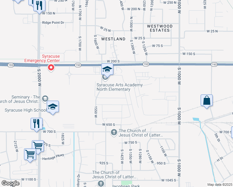 map of restaurants, bars, coffee shops, grocery stores, and more near 1421 400 South in Syracuse