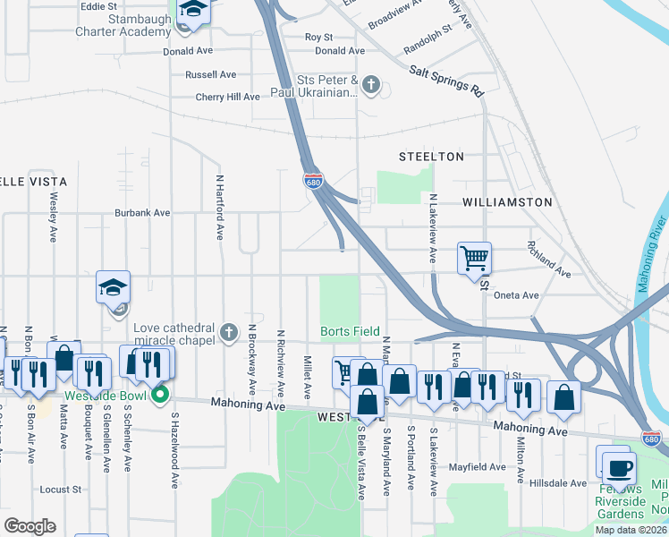 map of restaurants, bars, coffee shops, grocery stores, and more near 1912 Connecticut Avenue in Youngstown