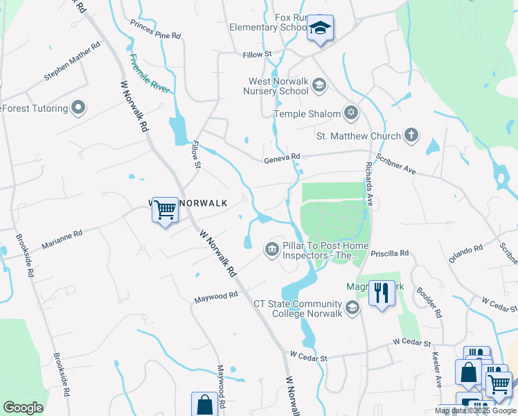 map of restaurants, bars, coffee shops, grocery stores, and more near 15 Bonnybrook Trail in Norwalk