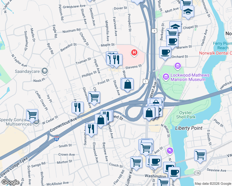 map of restaurants, bars, coffee shops, grocery stores, and more near 26 Stuart Avenue in Norwalk