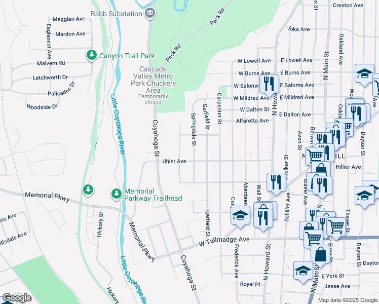map of restaurants, bars, coffee shops, grocery stores, and more near 820 Springdale Street in Akron