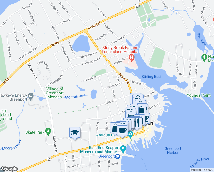 map of restaurants, bars, coffee shops, grocery stores, and more near 210 Broad Street in Greenport