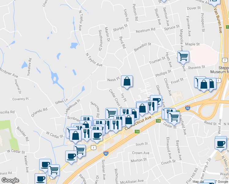 map of restaurants, bars, coffee shops, grocery stores, and more near 37 Cedar Crest Place in Norwalk