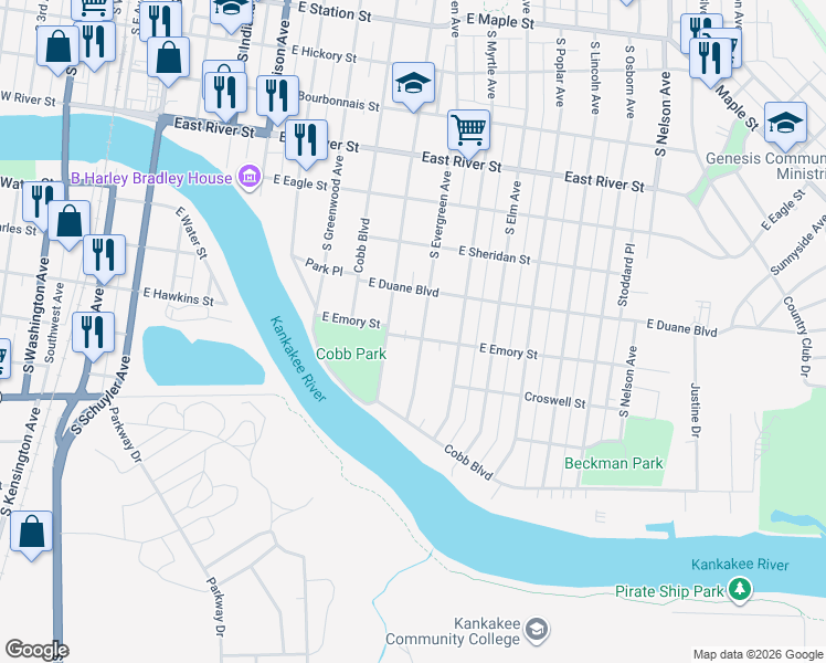 map of restaurants, bars, coffee shops, grocery stores, and more near 997 South Evergreen Avenue in Kankakee