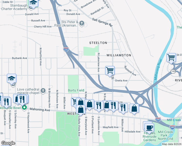 map of restaurants, bars, coffee shops, grocery stores, and more near 1738 Wellington Avenue in Youngstown