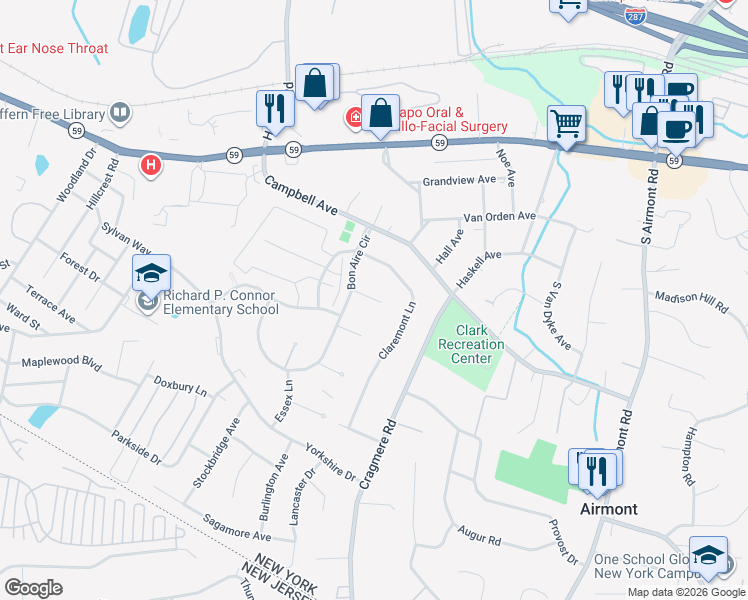 map of restaurants, bars, coffee shops, grocery stores, and more near 1 Sussex Court in Suffern