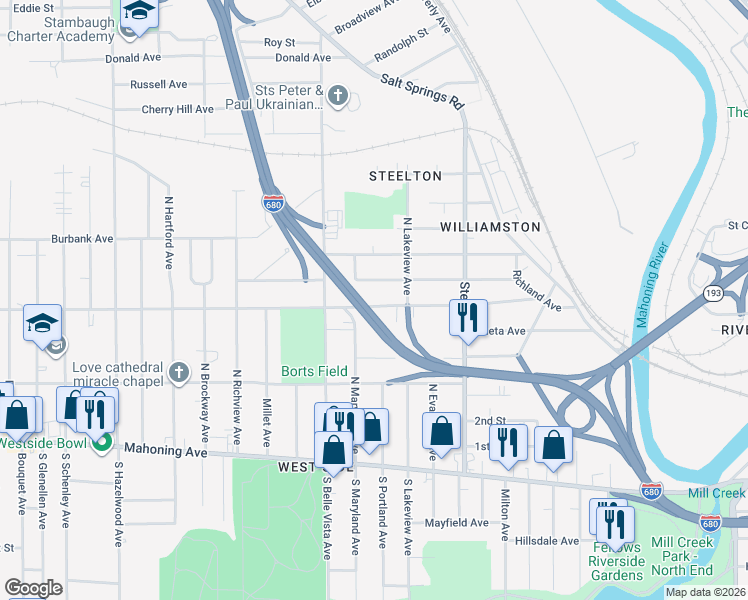 map of restaurants, bars, coffee shops, grocery stores, and more near 1738 Wellington Avenue in Youngstown
