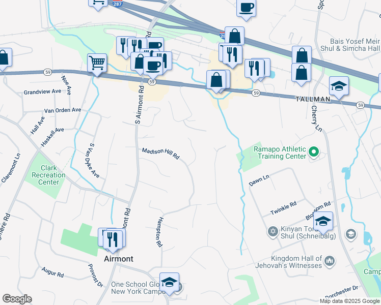 map of restaurants, bars, coffee shops, grocery stores, and more near 3 Adams Lane in Airmont