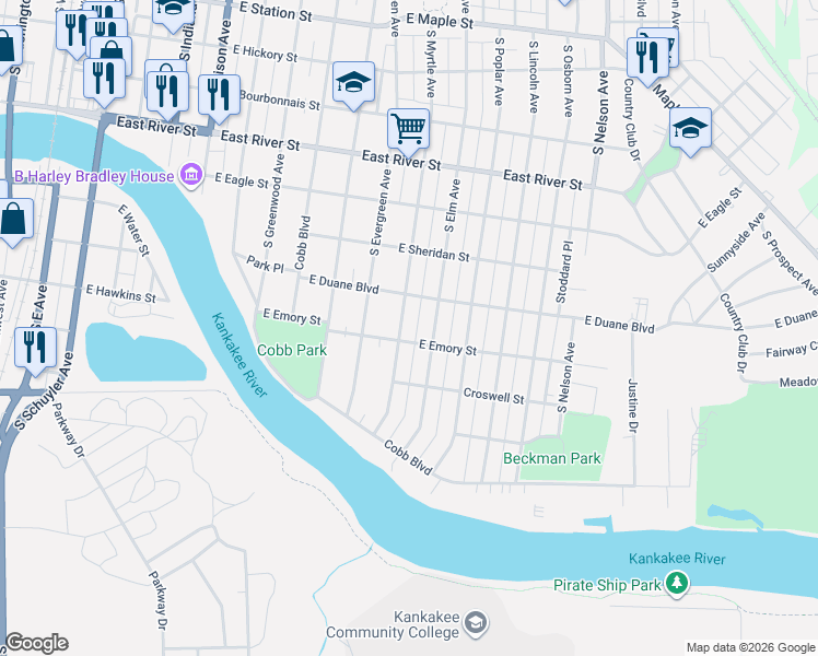 map of restaurants, bars, coffee shops, grocery stores, and more near 984 South Myrtle Avenue in Kankakee