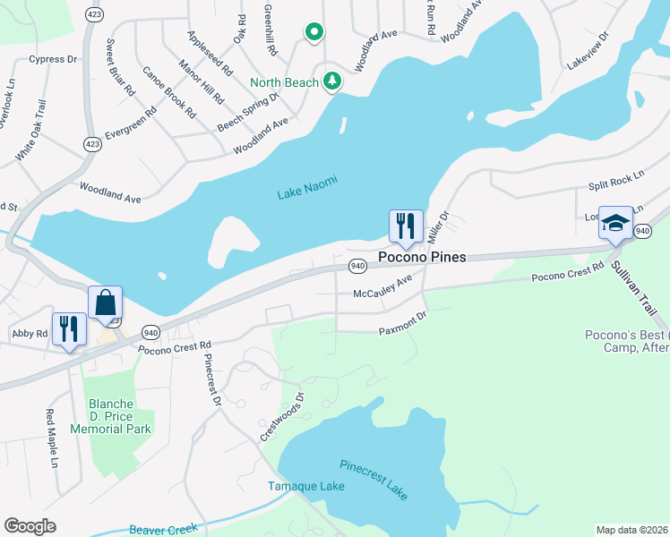 map of restaurants, bars, coffee shops, grocery stores, and more near 106 Lakeview Dr in Long Pond