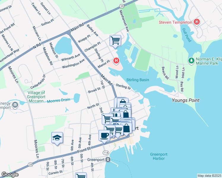 map of restaurants, bars, coffee shops, grocery stores, and more near 621 New York 25 in Greenport