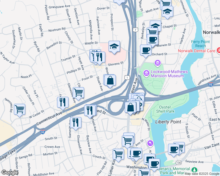 map of restaurants, bars, coffee shops, grocery stores, and more near in Norwalk