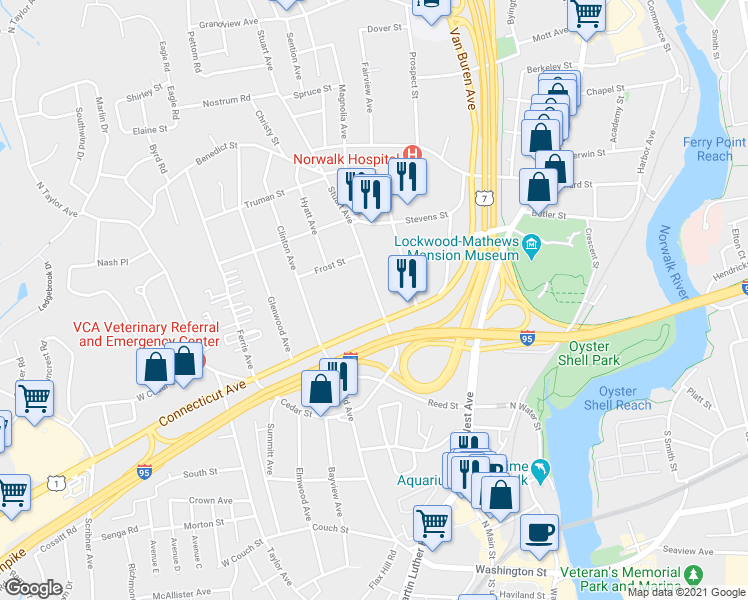 map of restaurants, bars, coffee shops, grocery stores, and more near 26 Stuart Avenue in Norwalk