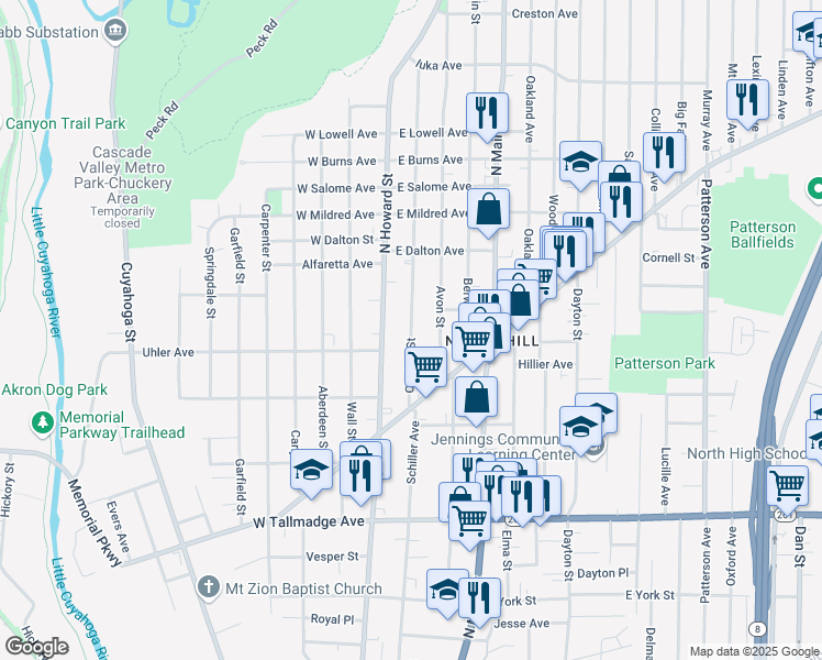 map of restaurants, bars, coffee shops, grocery stores, and more near 814 Avon Street in Akron