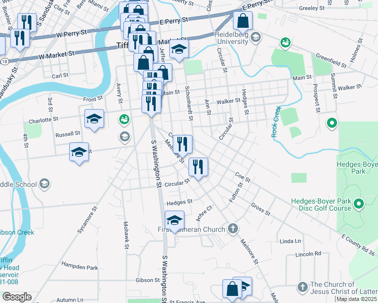 map of restaurants, bars, coffee shops, grocery stores, and more near 116 Coe Street in Tiffin