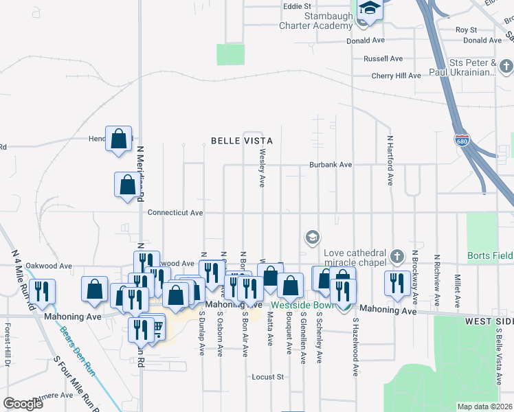 map of restaurants, bars, coffee shops, grocery stores, and more near 401 North Bon Air Avenue in Youngstown
