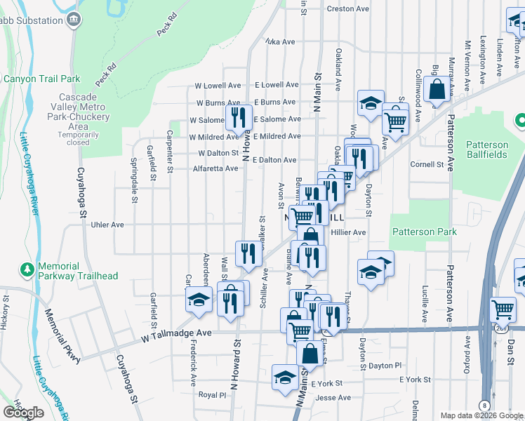 map of restaurants, bars, coffee shops, grocery stores, and more near 814 Avon Street in Akron
