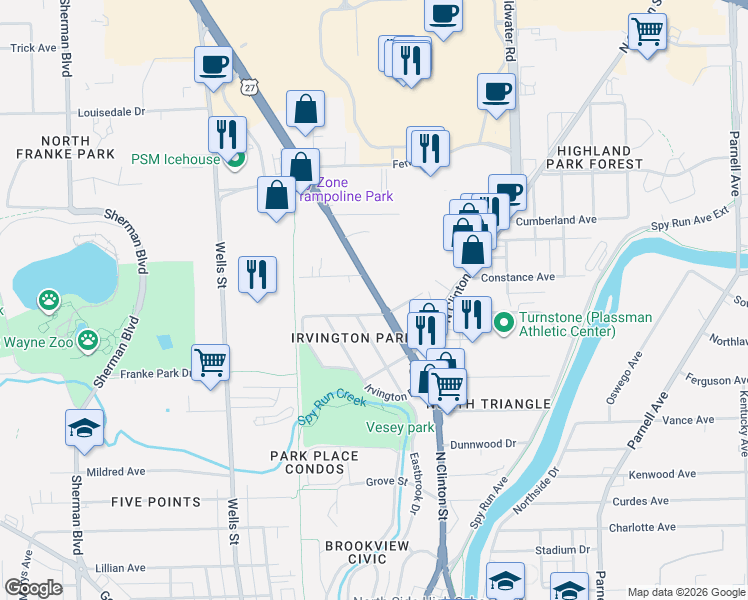 map of restaurants, bars, coffee shops, grocery stores, and more near 3415 U.S. 27 in Fort Wayne