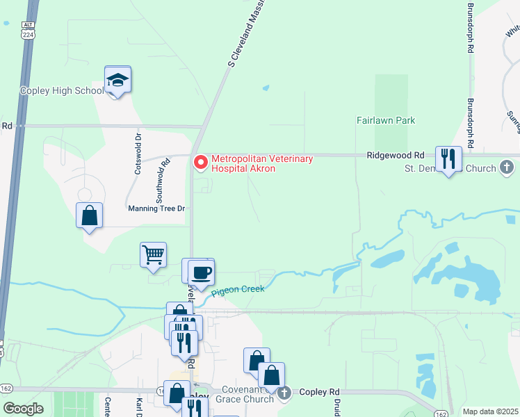 map of restaurants, bars, coffee shops, grocery stores, and more near 3558 Ridgewood Road in Akron
