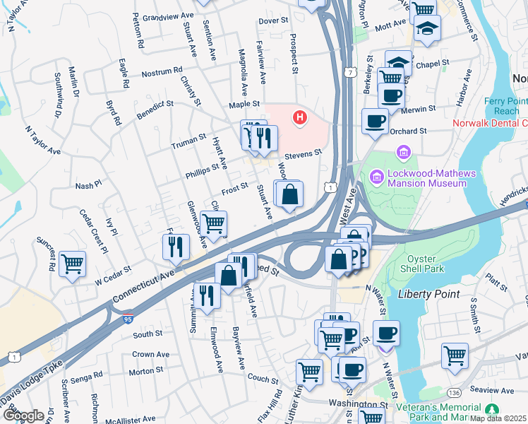 map of restaurants, bars, coffee shops, grocery stores, and more near 31 Stuart Avenue in Norwalk