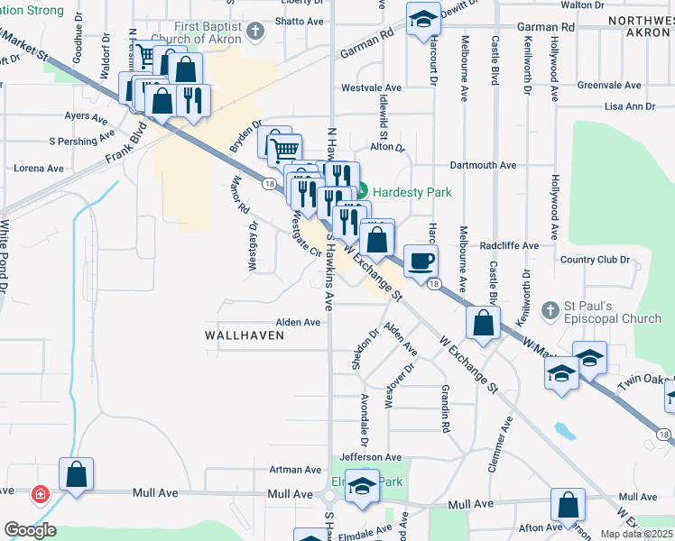 map of restaurants, bars, coffee shops, grocery stores, and more near 1525 Marion Ave in Akron