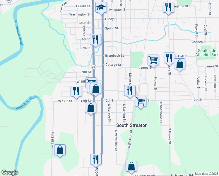map of restaurants, bars, coffee shops, grocery stores, and more near 209 Sangamon Street in Streator