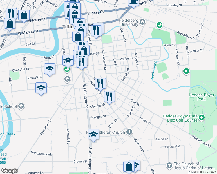 map of restaurants, bars, coffee shops, grocery stores, and more near 116 Coe Street in Tiffin