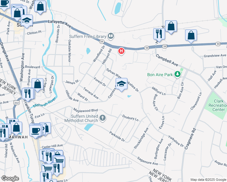 map of restaurants, bars, coffee shops, grocery stores, and more near 13 Cypress Road in Suffern