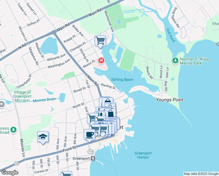 map of restaurants, bars, coffee shops, grocery stores, and more near 638 Carpenter Street in Greenport