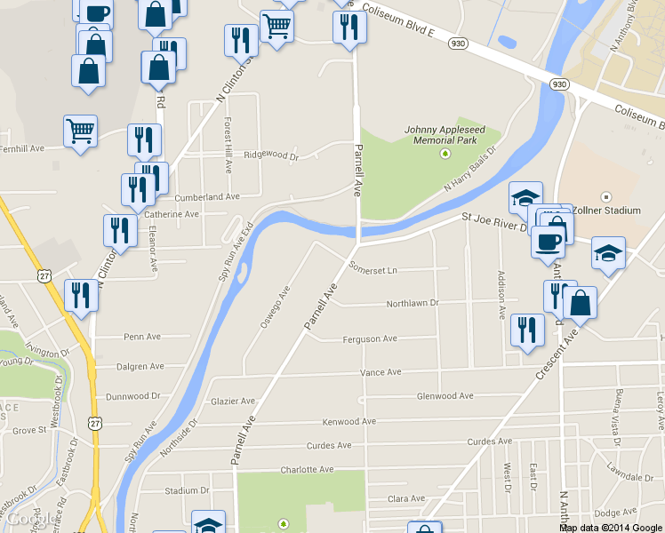 map of restaurants, bars, coffee shops, grocery stores, and more near 3345 Parnell Avenue in Fort Wayne