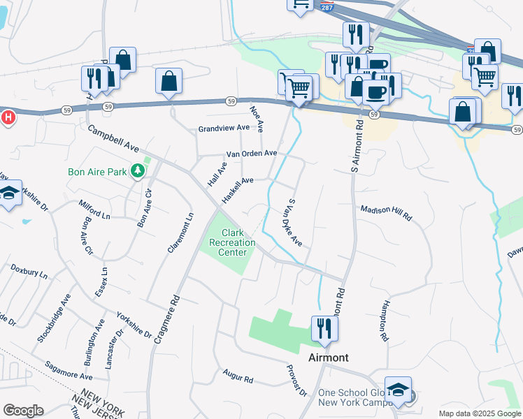 map of restaurants, bars, coffee shops, grocery stores, and more near 5 Bell Court in Airmont