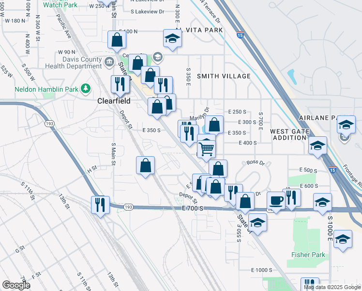 map of restaurants, bars, coffee shops, grocery stores, and more near in Clearfield