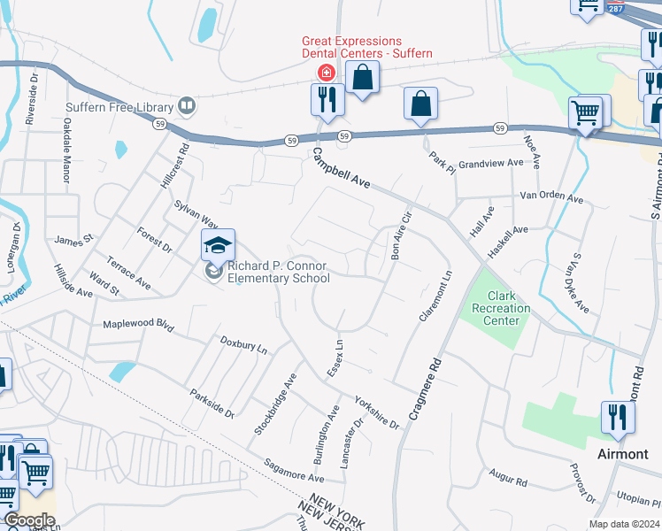 map of restaurants, bars, coffee shops, grocery stores, and more near 16 Milford Lane in Suffern