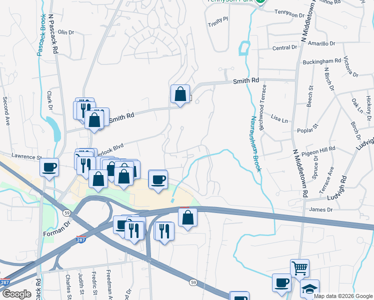 map of restaurants, bars, coffee shops, grocery stores, and more near 374 Avalon Gardens Drive in Nanuet