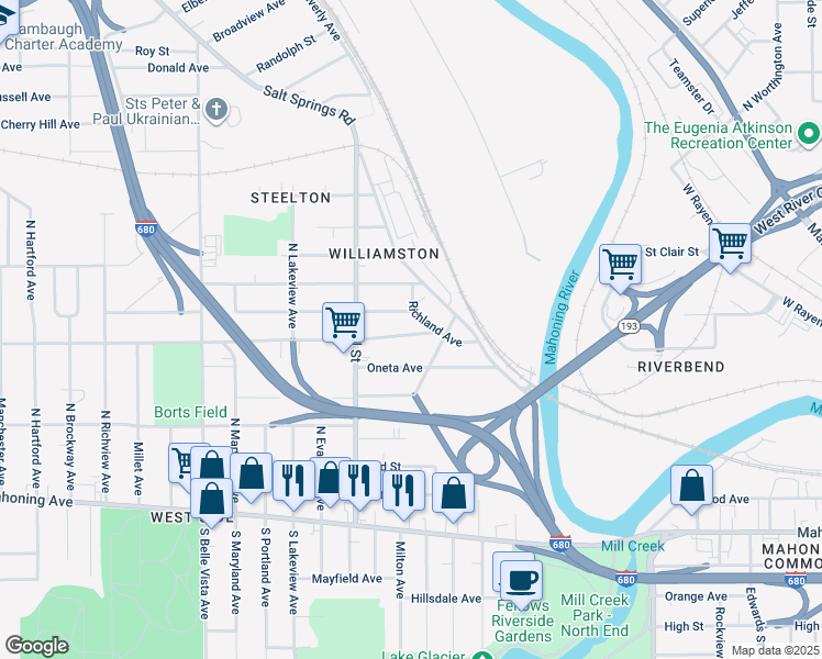 map of restaurants, bars, coffee shops, grocery stores, and more near 1536 Wellington Avenue in Youngstown