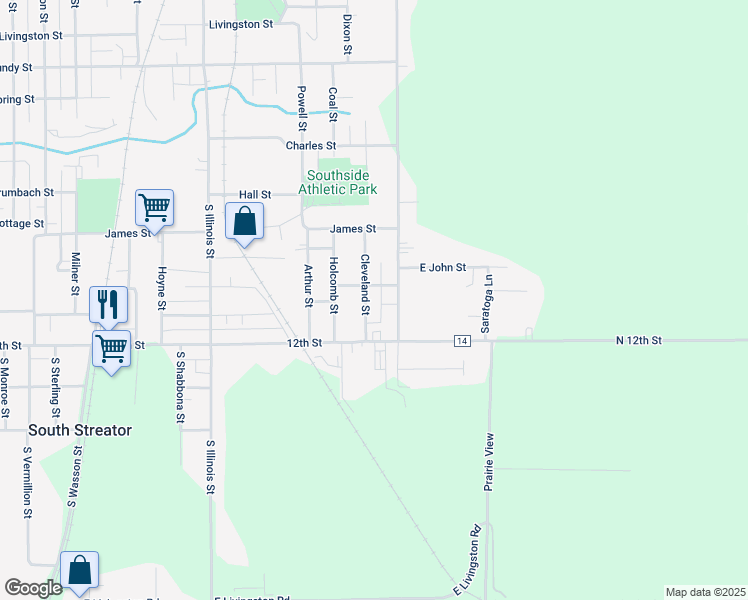 map of restaurants, bars, coffee shops, grocery stores, and more near 1122 South Otter Creek Street in Streator