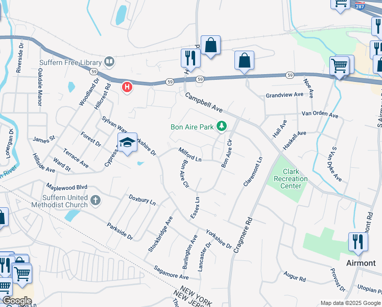 map of restaurants, bars, coffee shops, grocery stores, and more near 26 Milford Lane in Suffern