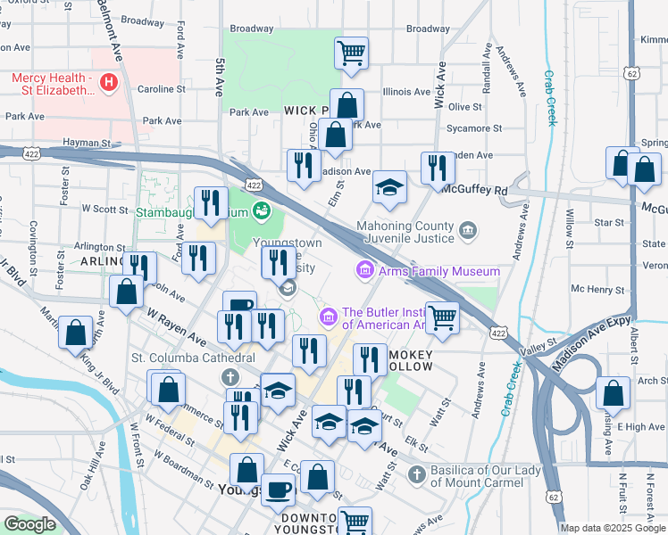 map of restaurants, bars, coffee shops, grocery stores, and more near in Youngstown