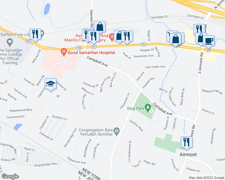 map of restaurants, bars, coffee shops, grocery stores, and more near 16 Bon Aire Circle in Suffern