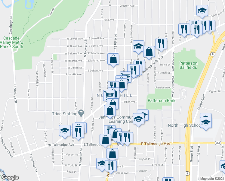 map of restaurants, bars, coffee shops, grocery stores, and more near in Akron