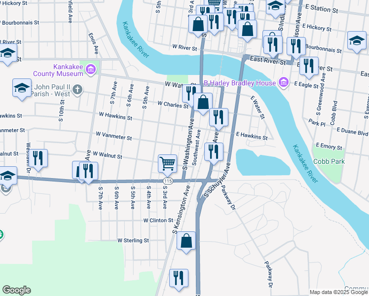 map of restaurants, bars, coffee shops, grocery stores, and more near 1144 South Washington Avenue in Kankakee